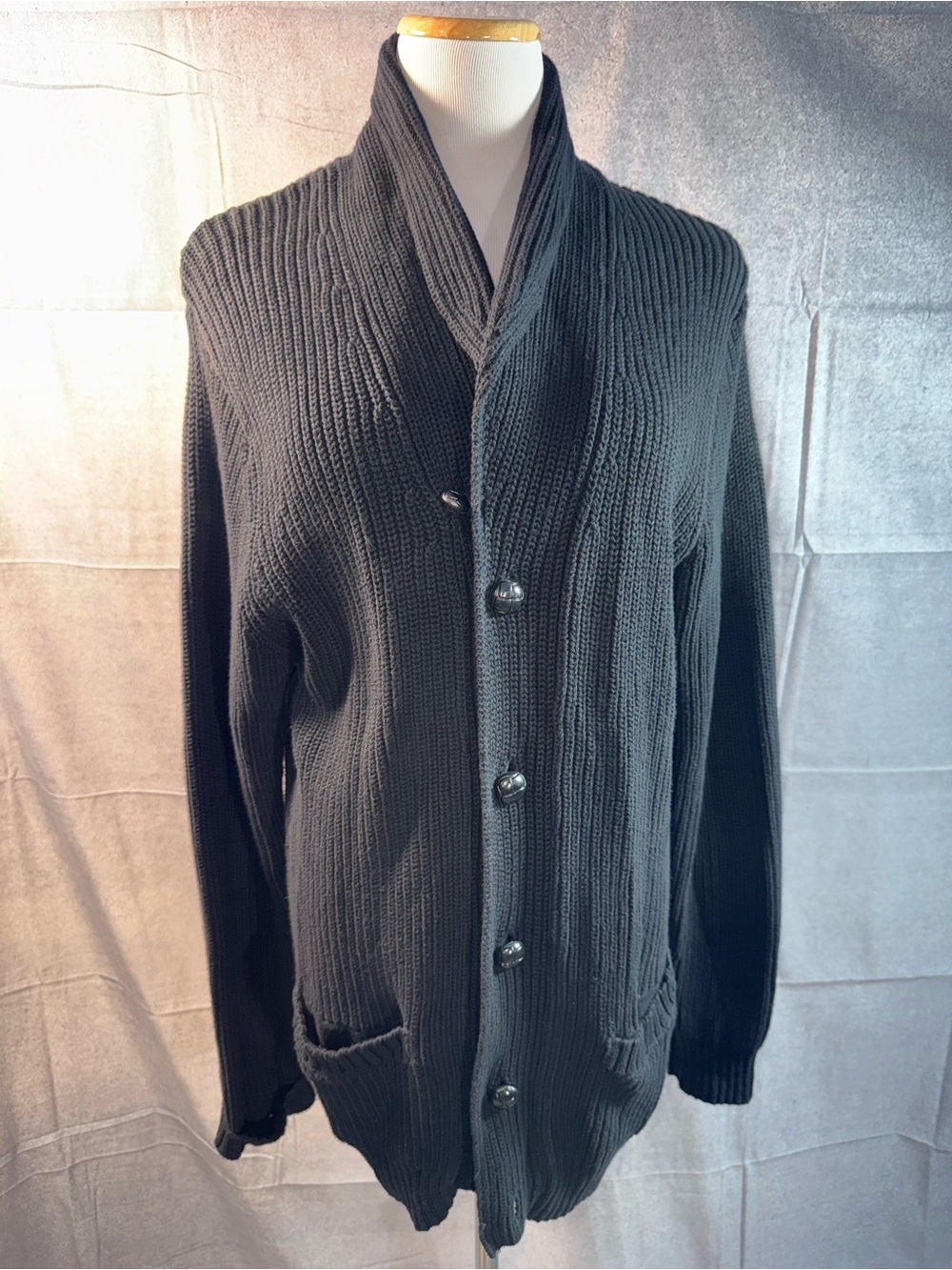 1432-Vintage Haggar Charcoal Shawl Collar Ribbed Button Cardigan